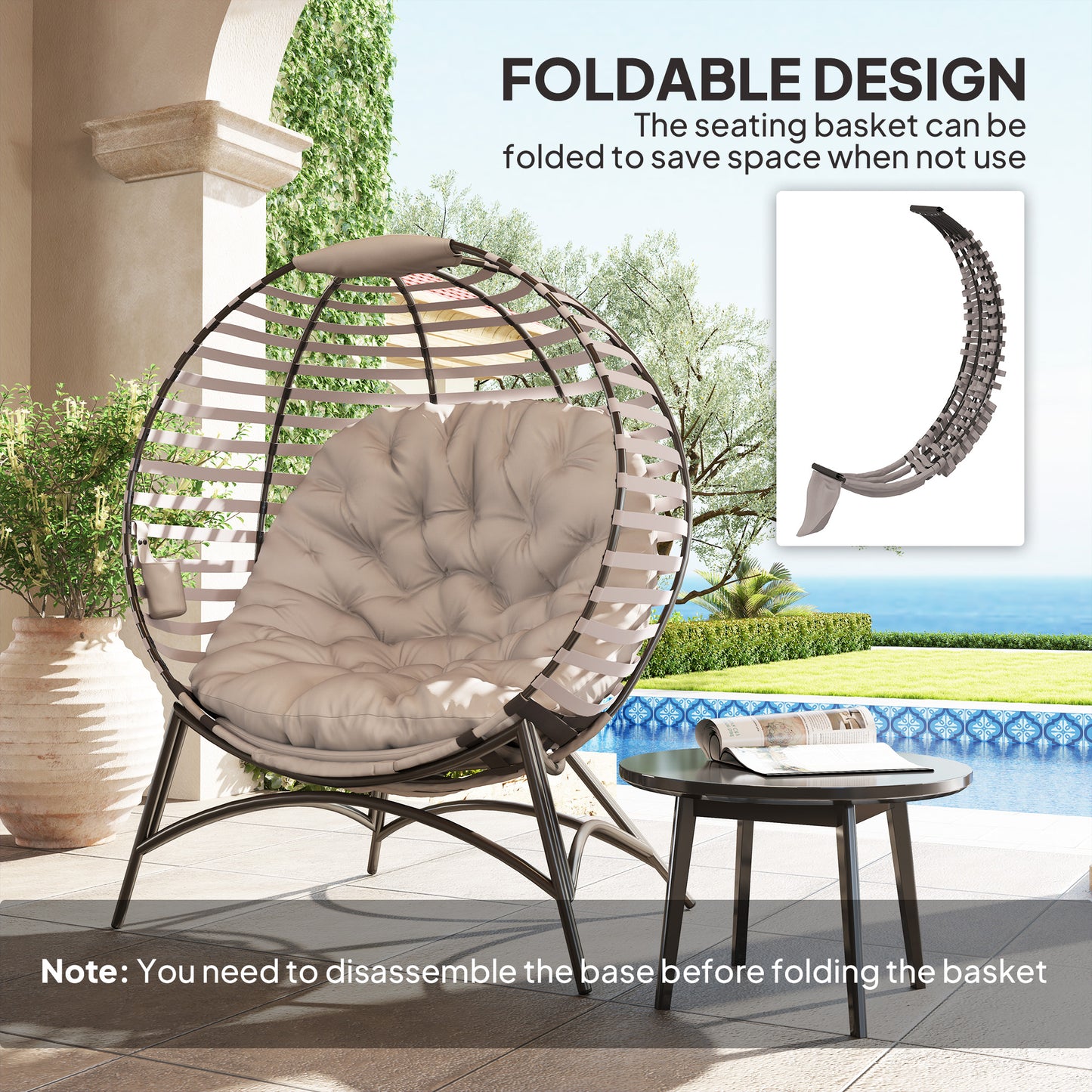 Lenika Oversized Rattan Light Grey Egg Chair With Cushion And Side Storage Pocket