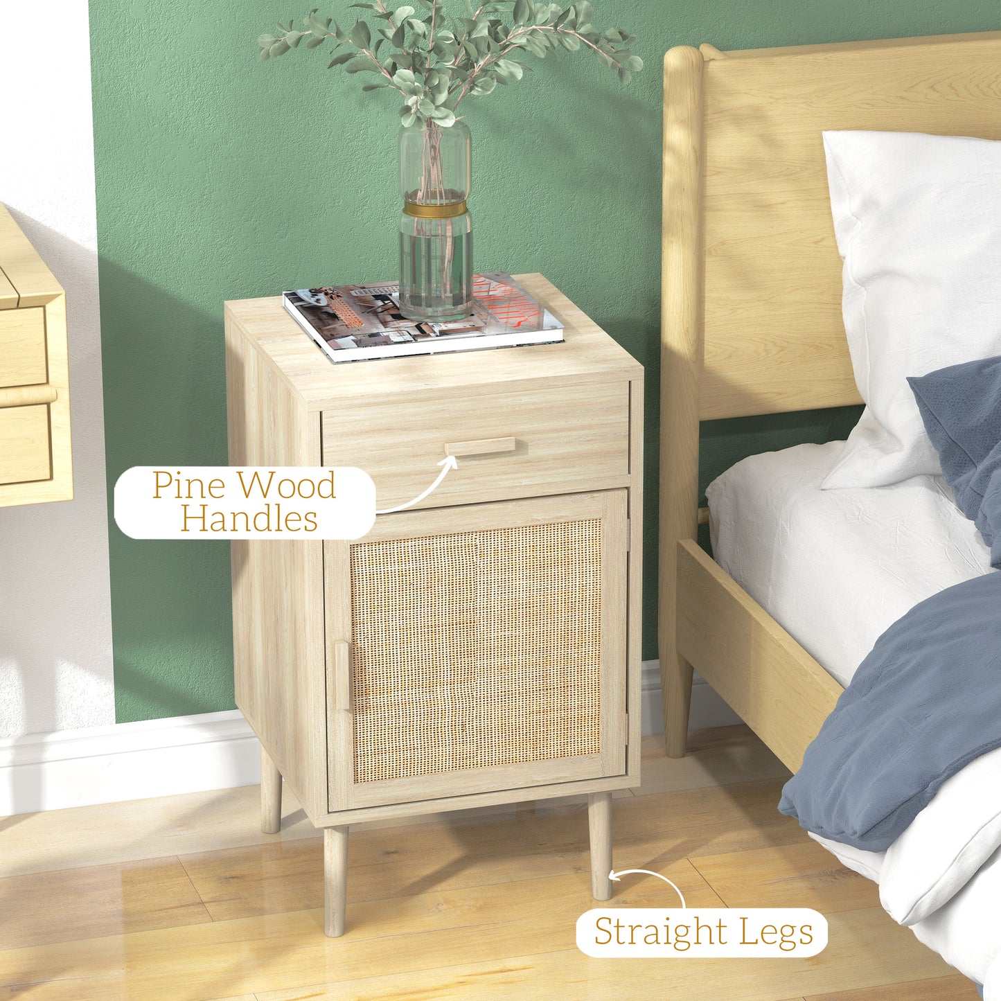 Dora Codo Set Of 2 Natural Wood Effect Rattan Bedside Tables With Drawer and Door