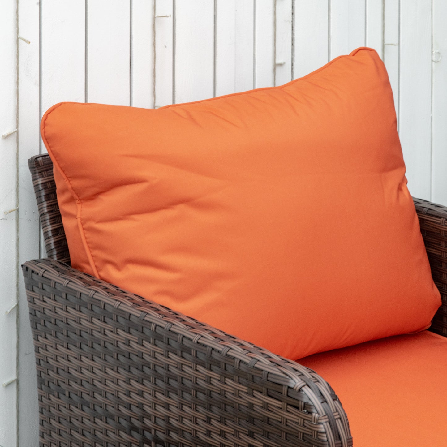Moto Brown Faux Rattan 5 Piece Outdoor Bistro Set with Orange Cushions Stools And Glass Table