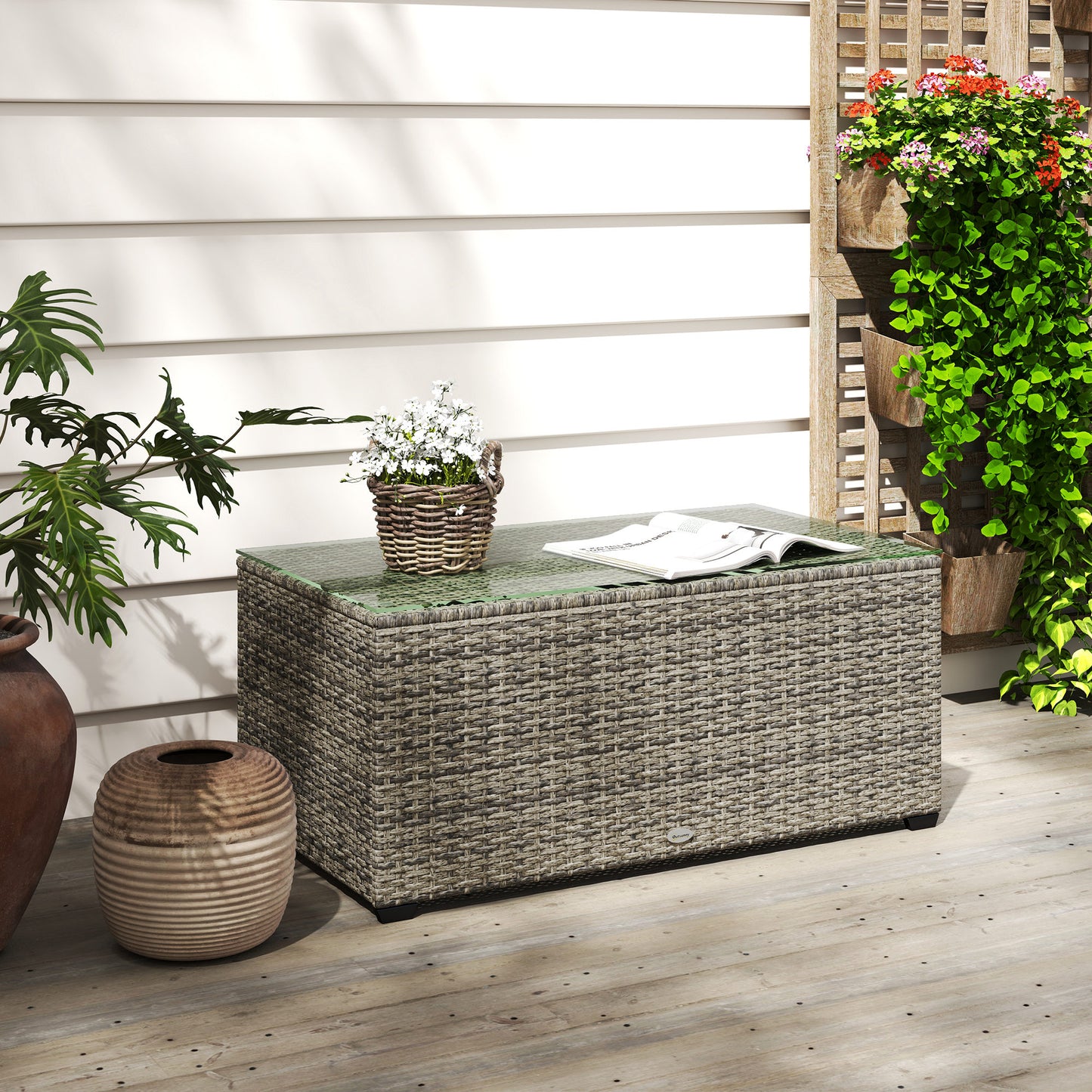 Livatoli Dark Grey Rattan Rectangular Glass Top Side Table
