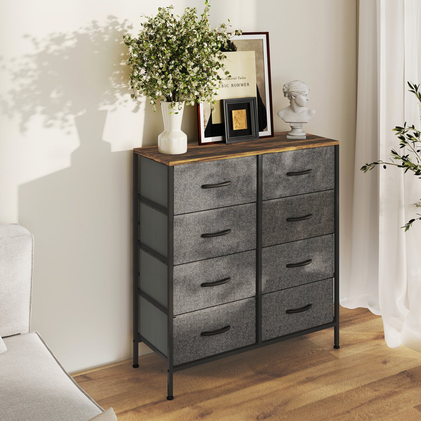 Rene Metal And Fabric Rustic Brown And Grey 8 Drawer Industrial Storage Dresser