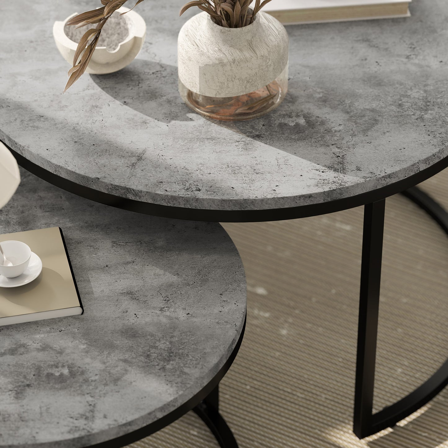 Faline Metal And Wood Grey And Black Set Of 2 Marble Effect Nesting Tables