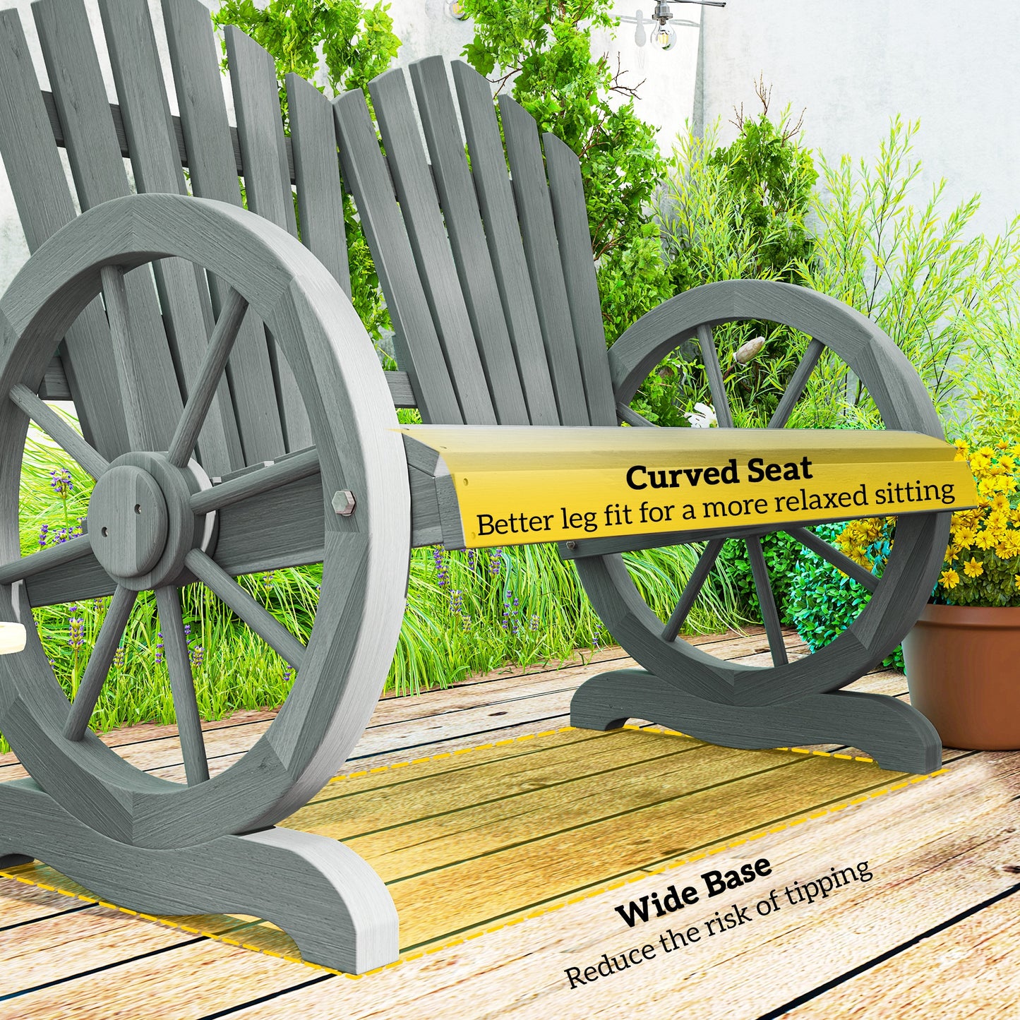 Zittuso Fir Grey Wood Garden Loveseat With Wagon Wheel Style Armrests