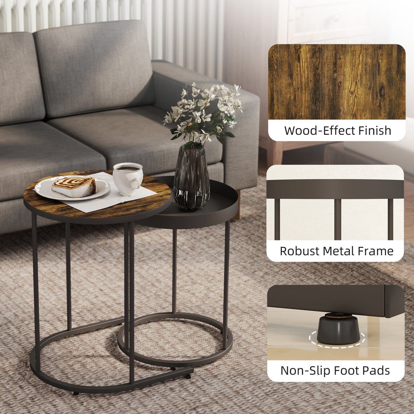 Renovi Set Of 2 Metal And Wood Brown And Black Industrial Nesting Tables