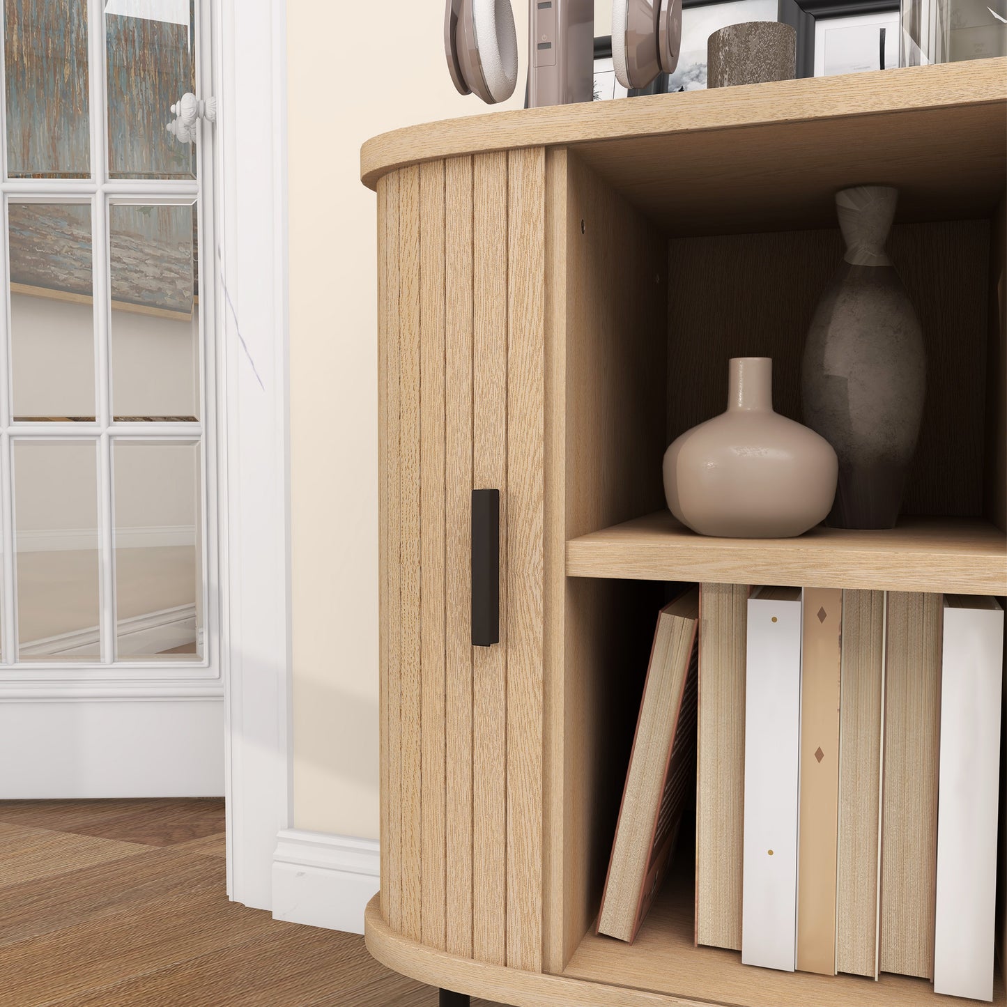 Ronoke Natural Oak Effect Mid Century Sideboard Slatted Sliding Doors Black Metal Legs