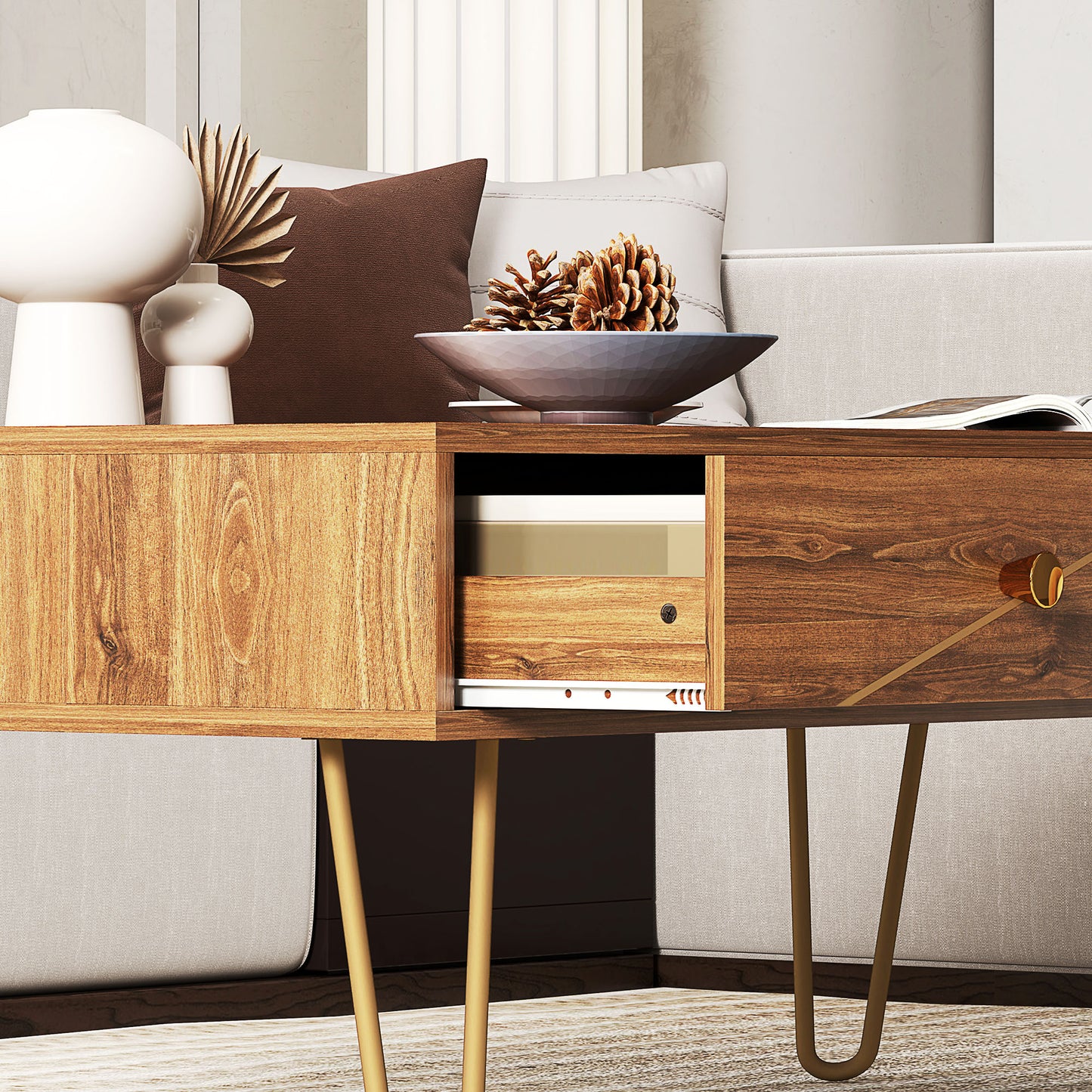 Susele Metal And Wooden Brown Rectangular Coffee Table With Drawers Gold Detail