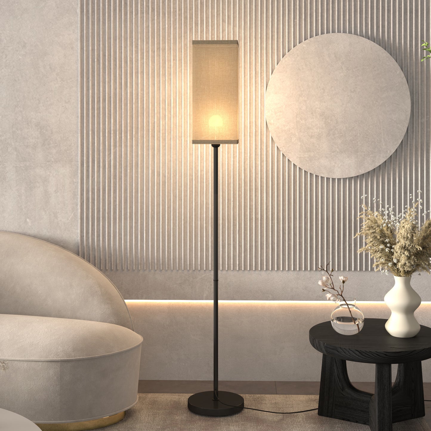 Sekafi Metal And Fabric Black Minimalist Floor Lamp With Linen Shade And Foot Switch
