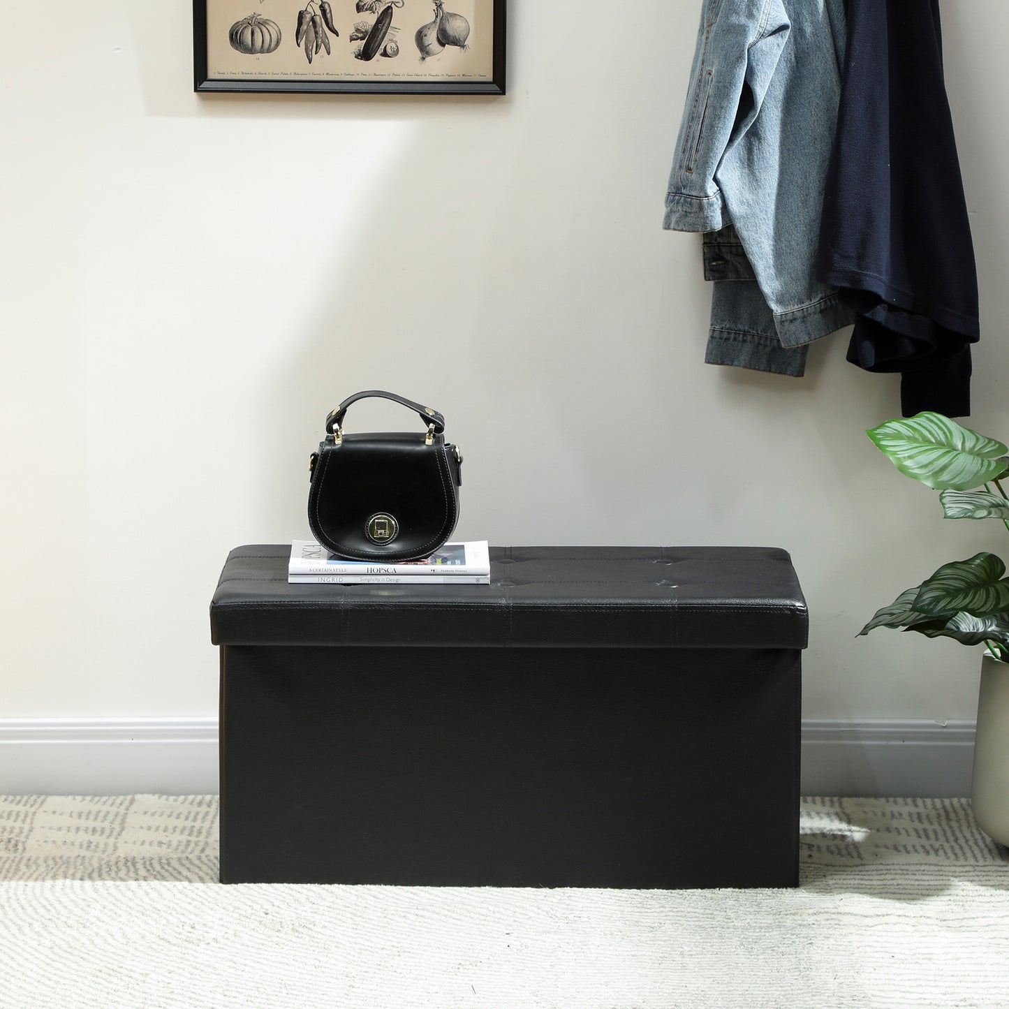 Riviri Faux Leather Black Folding Storage Ottoman Bench 89 Litre
