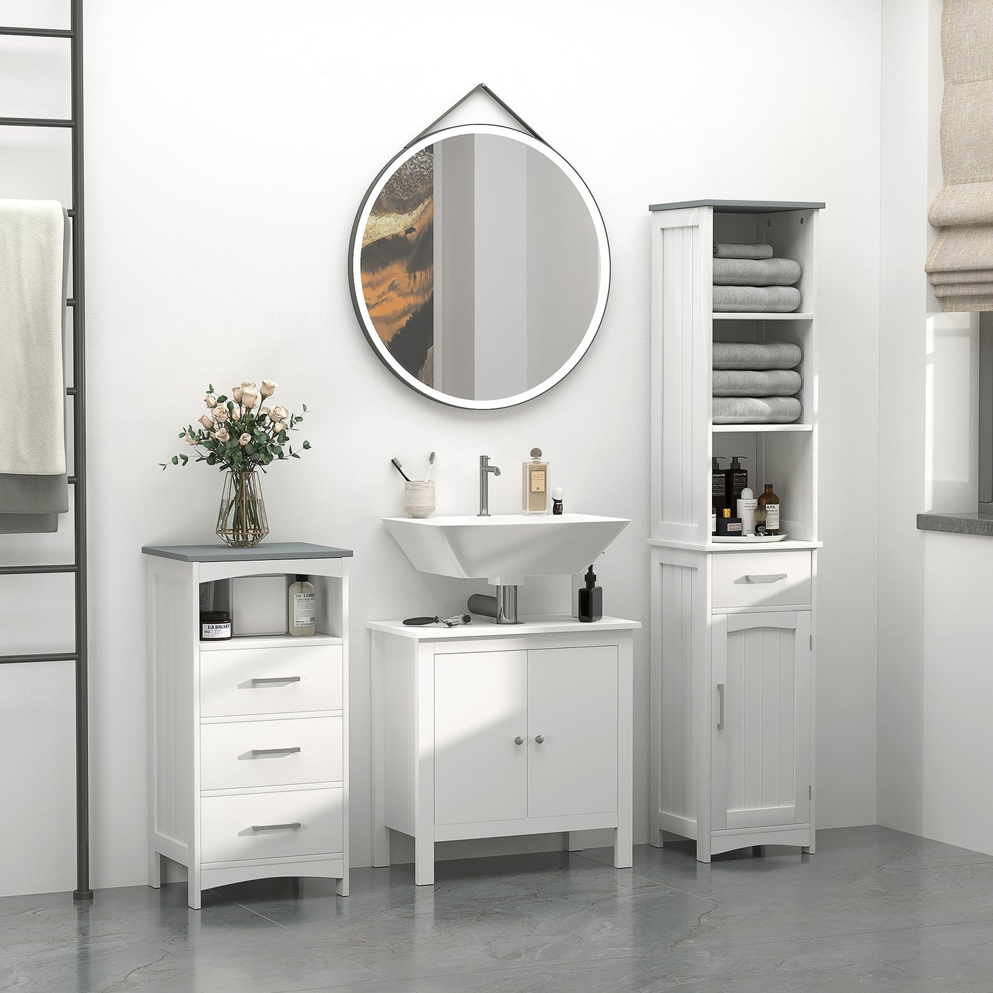 Noka Tall Slim Bathroom Linen Cabinet With Shelves Drawer And Door In White