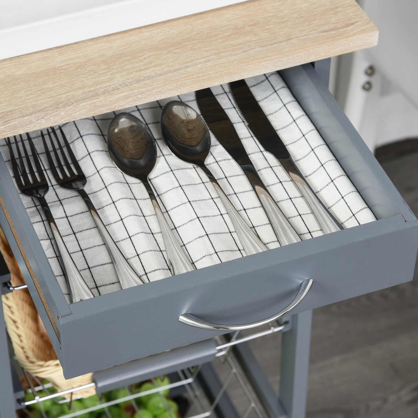 Nerake Metal Grey Rolling Kitchen Cart With 4 Basket Drawers And Side Racks