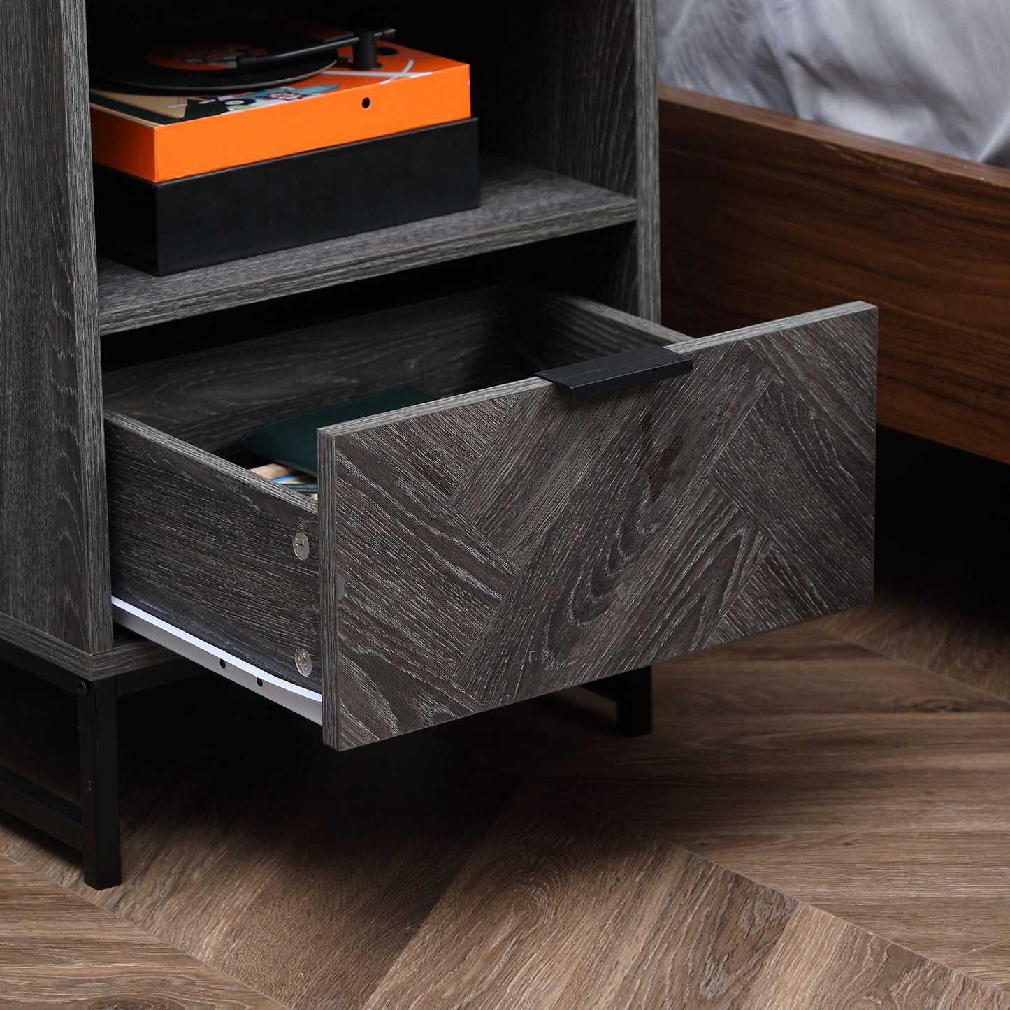 Halapa Set Of 2 Dark Grey Wood Bedside Tables With Drawer And Top Shelf
