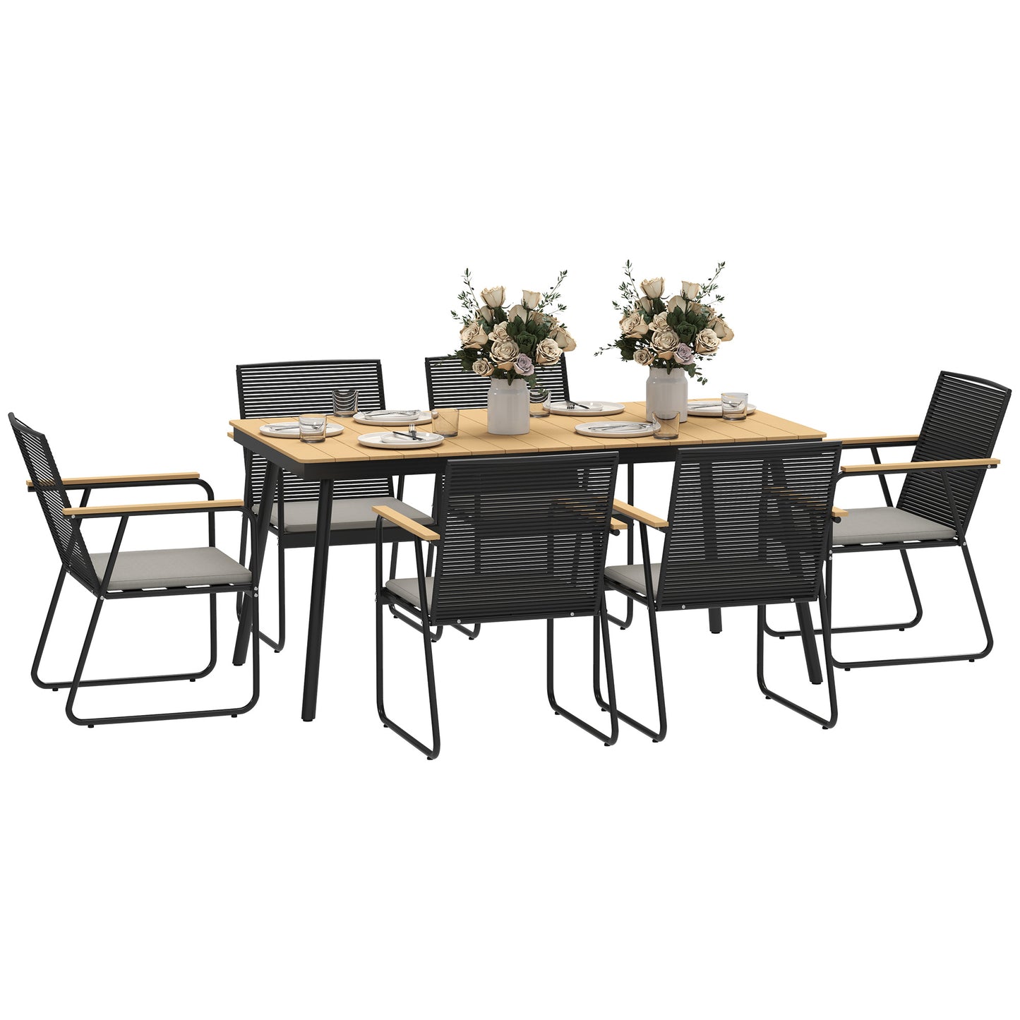 6 Seater Garden Dining Set featuring Soft Cushions Rattan Backrest Rectangular Plastic Top Garden Furniture Set Outdoor Dining Table & Chairs for Patio Balcony Poolside Nature Wood Finish
