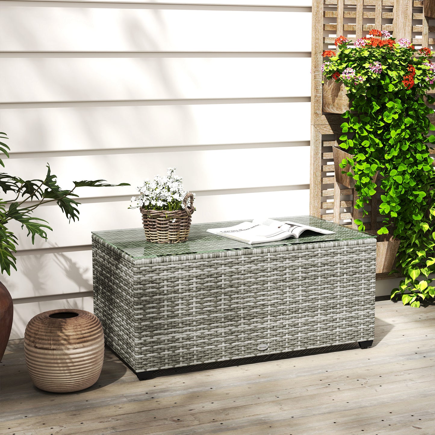 Vimi 90cm Rattan Light Grey Glass Top Side Table