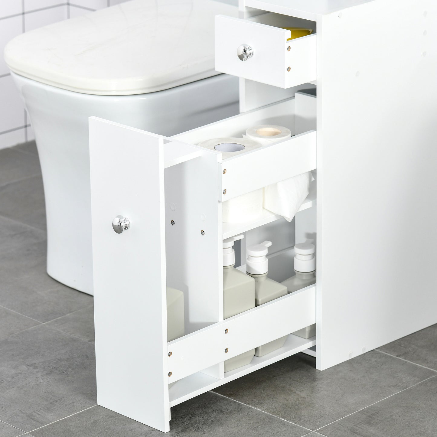 Ninemi Narrow Bathroom Floor Storage Cabinet With Drawers In White