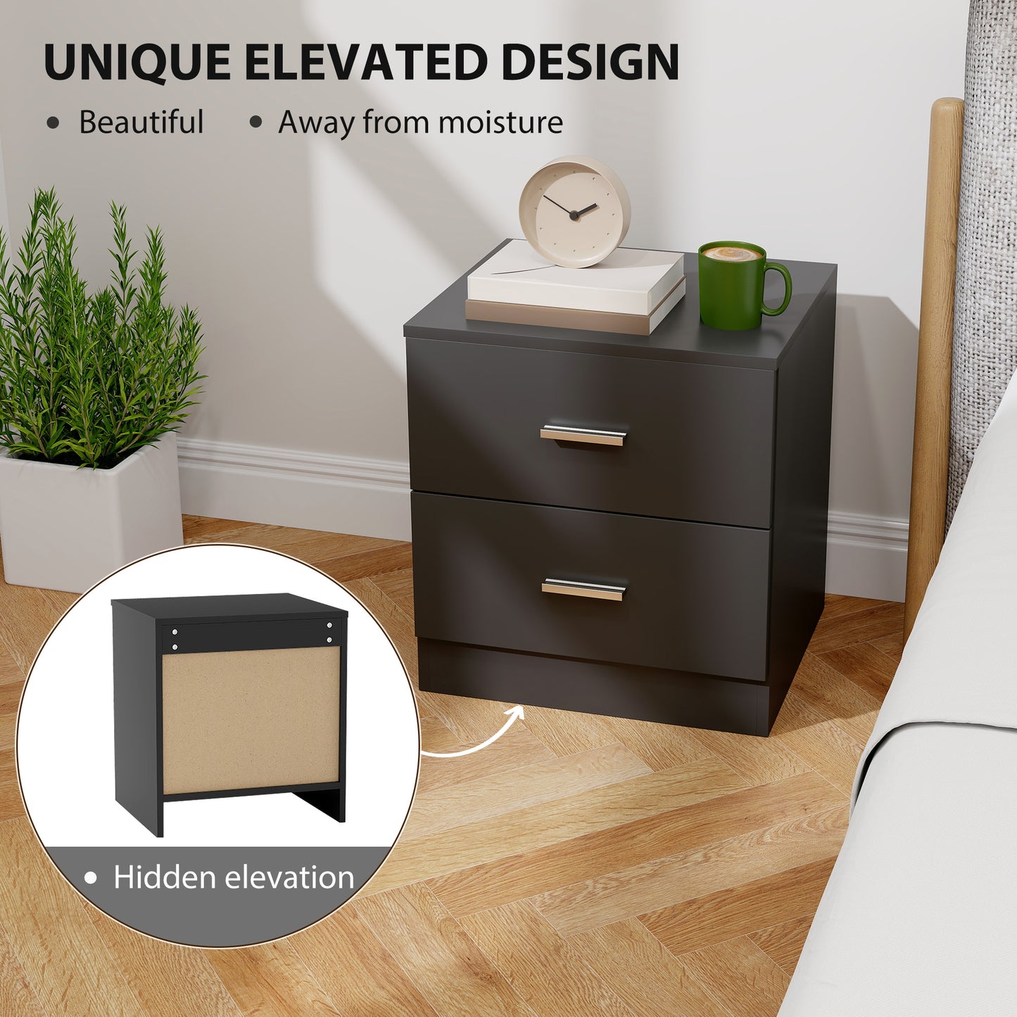 Rapa Raka Black Modern Bedside Table With 2 Drawer Storage