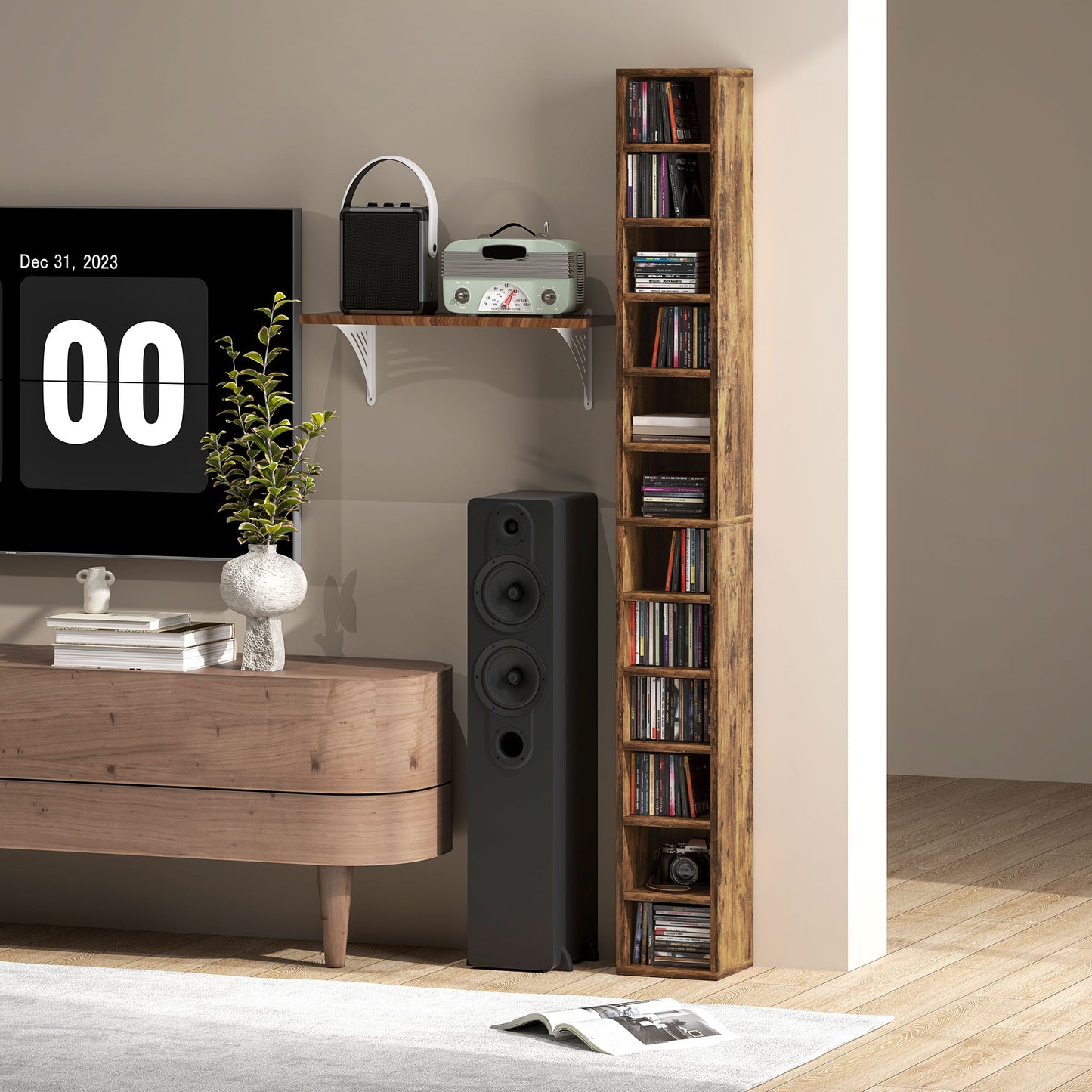 Nedito Wood Rustic Brown Tall Narrow Media Storage Tower With 204 Disc Capacity