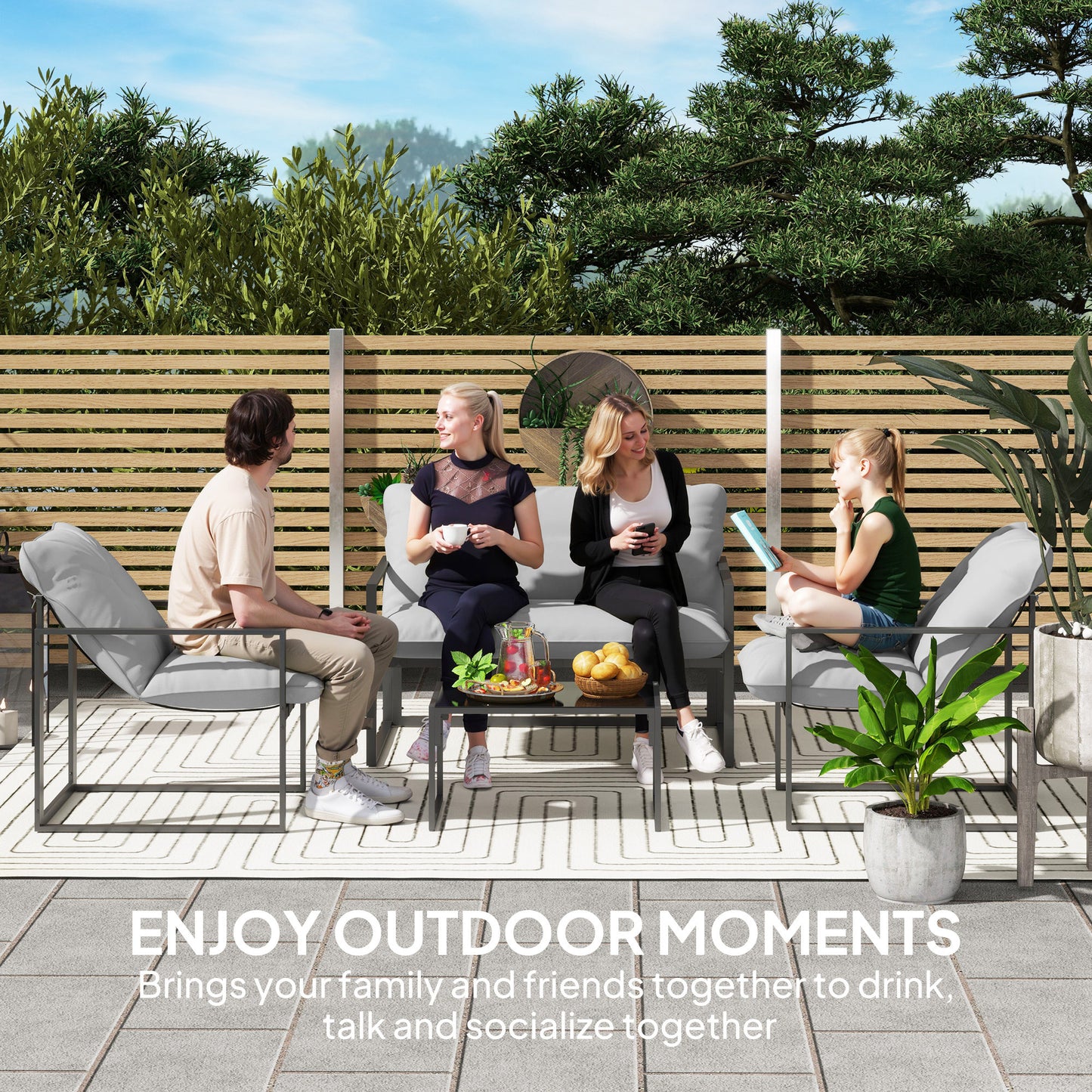 Palive Metal Black And Light Grey 4 Seater Relaxed Back Garden Furniture Set