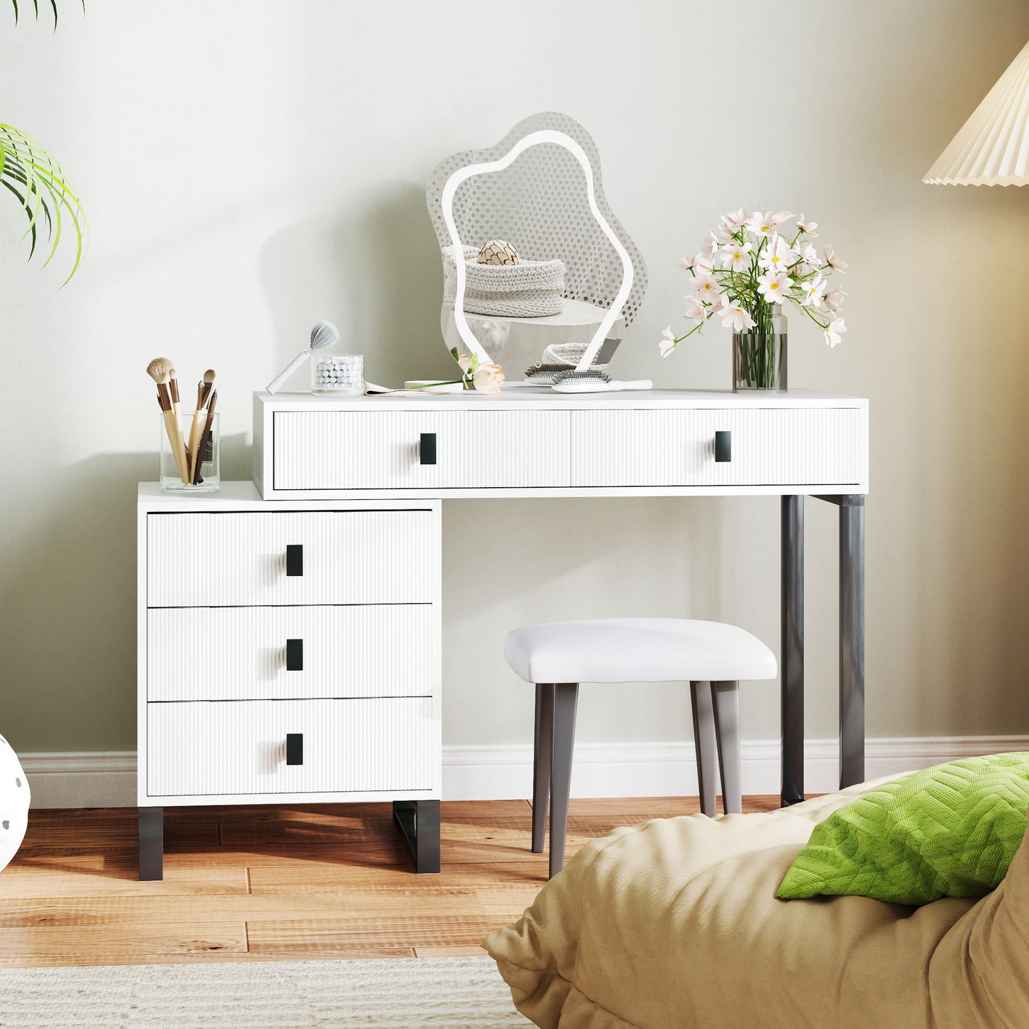 Nalomo White Vanity Desk With Leaf ShaFauxd Mirror 5 Drawers And 3 Colour LED Lighting