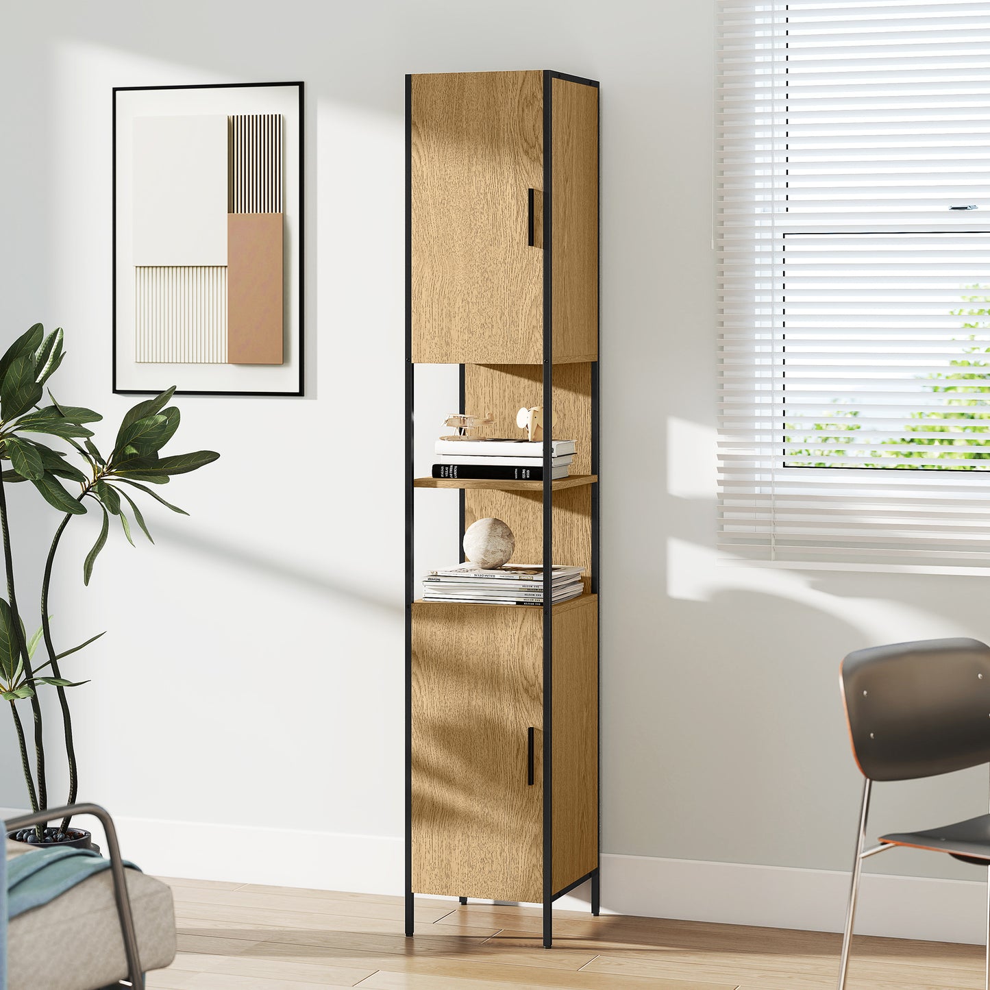 Rambette Tall Bathroom Storage Cabinet With Double Doors OFauxn Compartments And Adjustable Shelves Natural Wood Finish