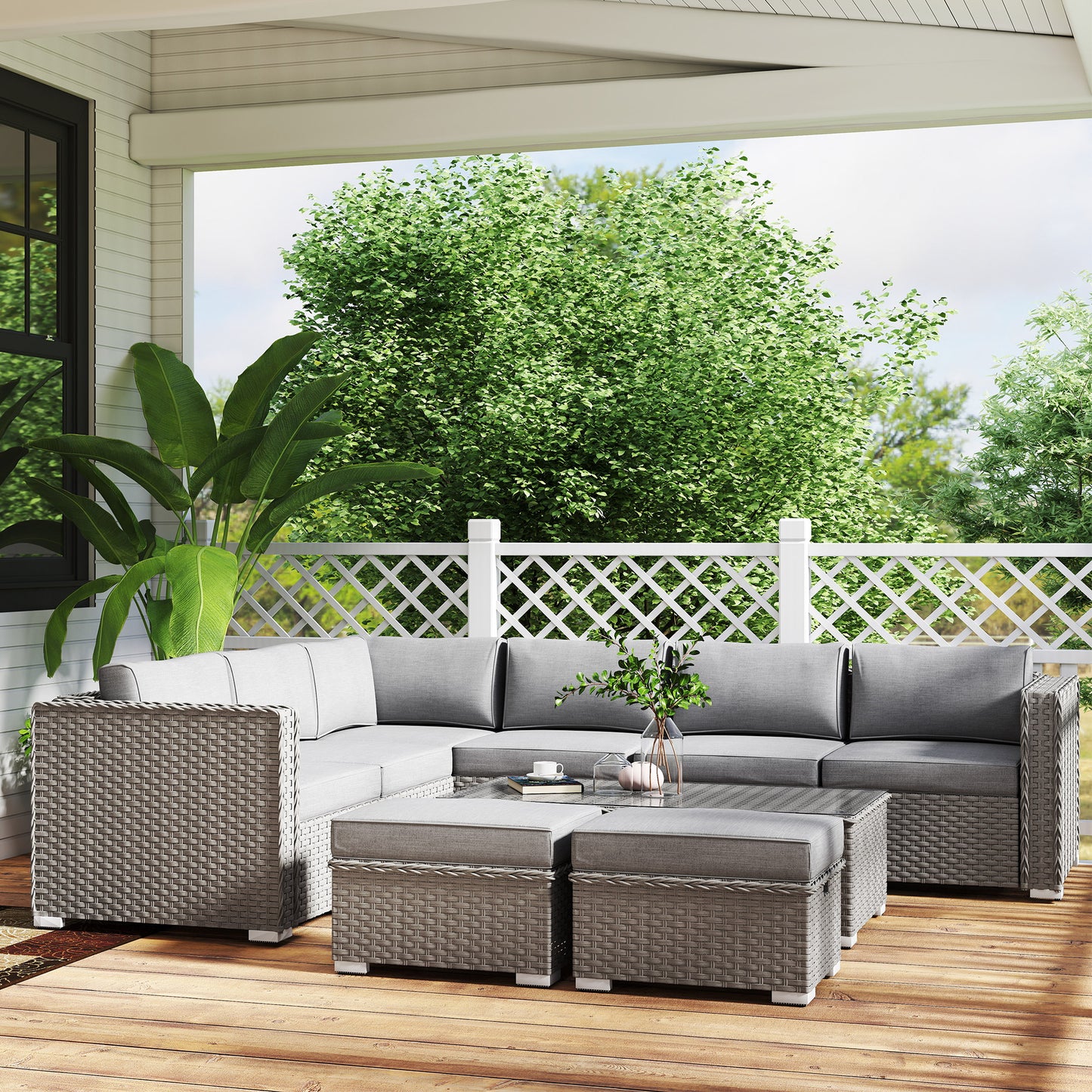 Rava Faux Rattan Grey 8 Seater Corner Sofa Set With Glass Coffee Table And Footstools
