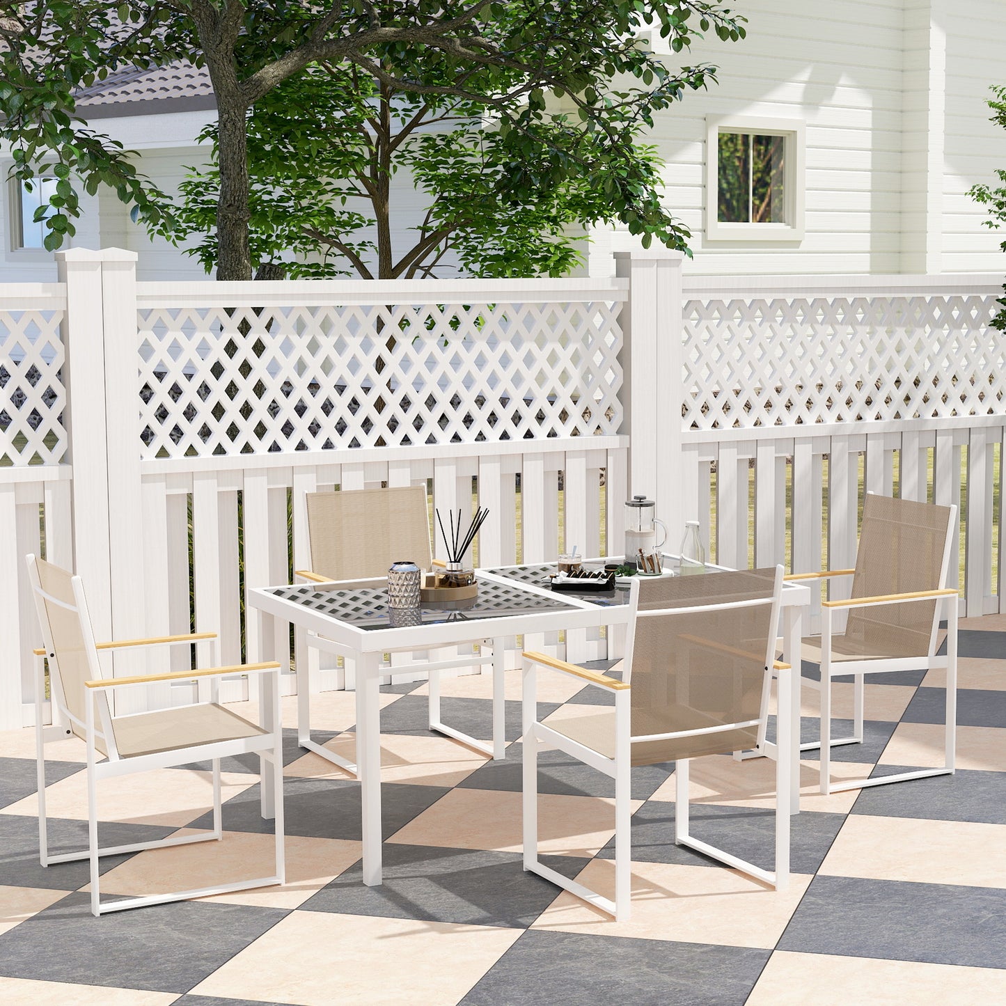 Hare 4 Seater White Metal and Cream Mesh Garden Furniture Set with Tempered Glass Table Top
