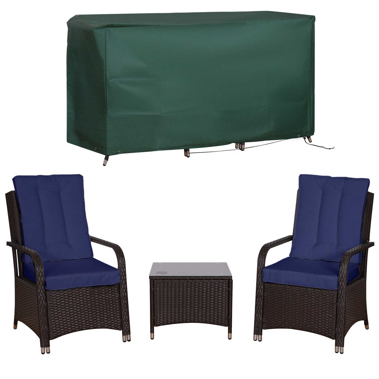 Rereha Dark Blue Rattan 3 Piece Bistro Set With Glass Table And Protective Cover