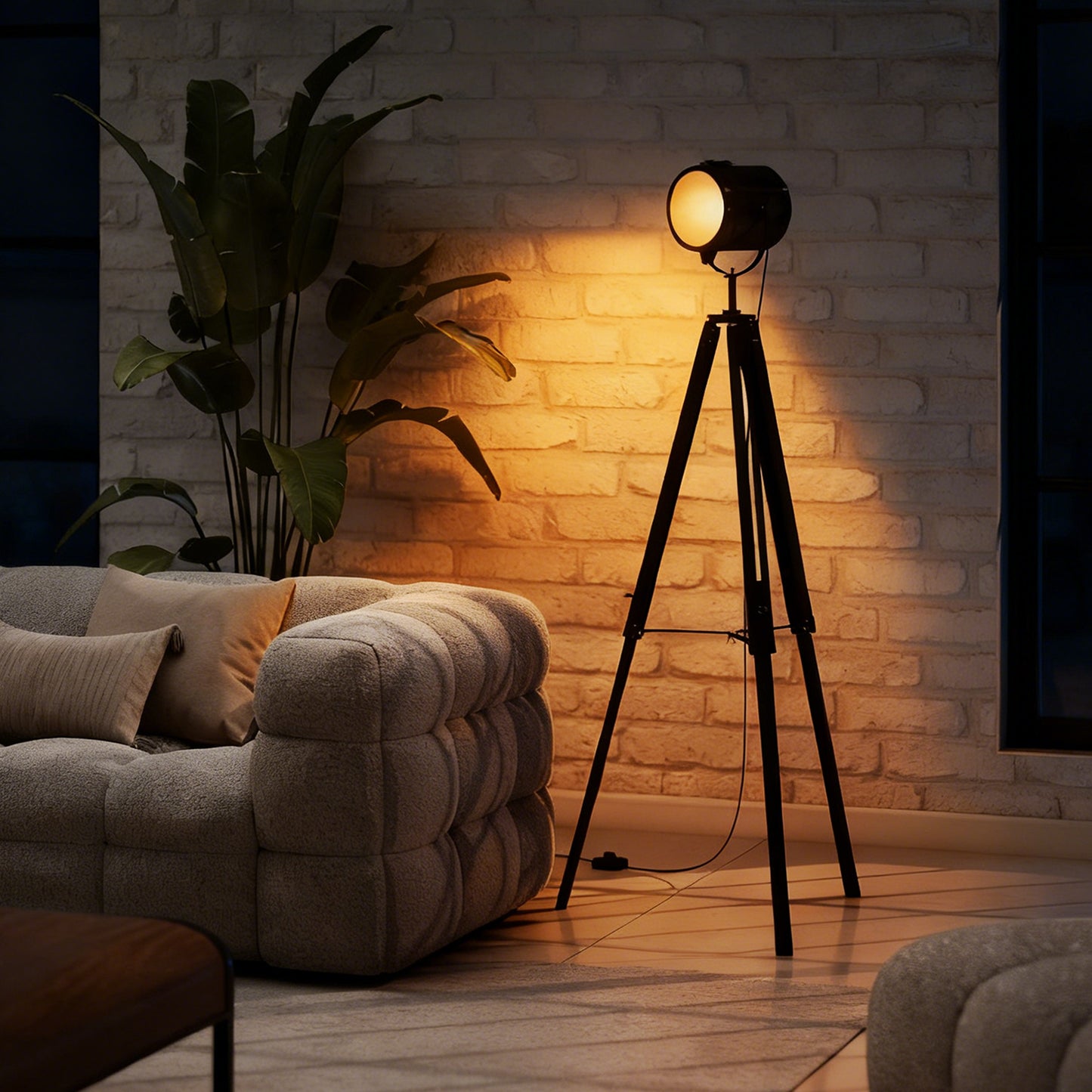 Suta Wood And Metal Black Tripod Searchlight Floor Lamp Adjustable Head