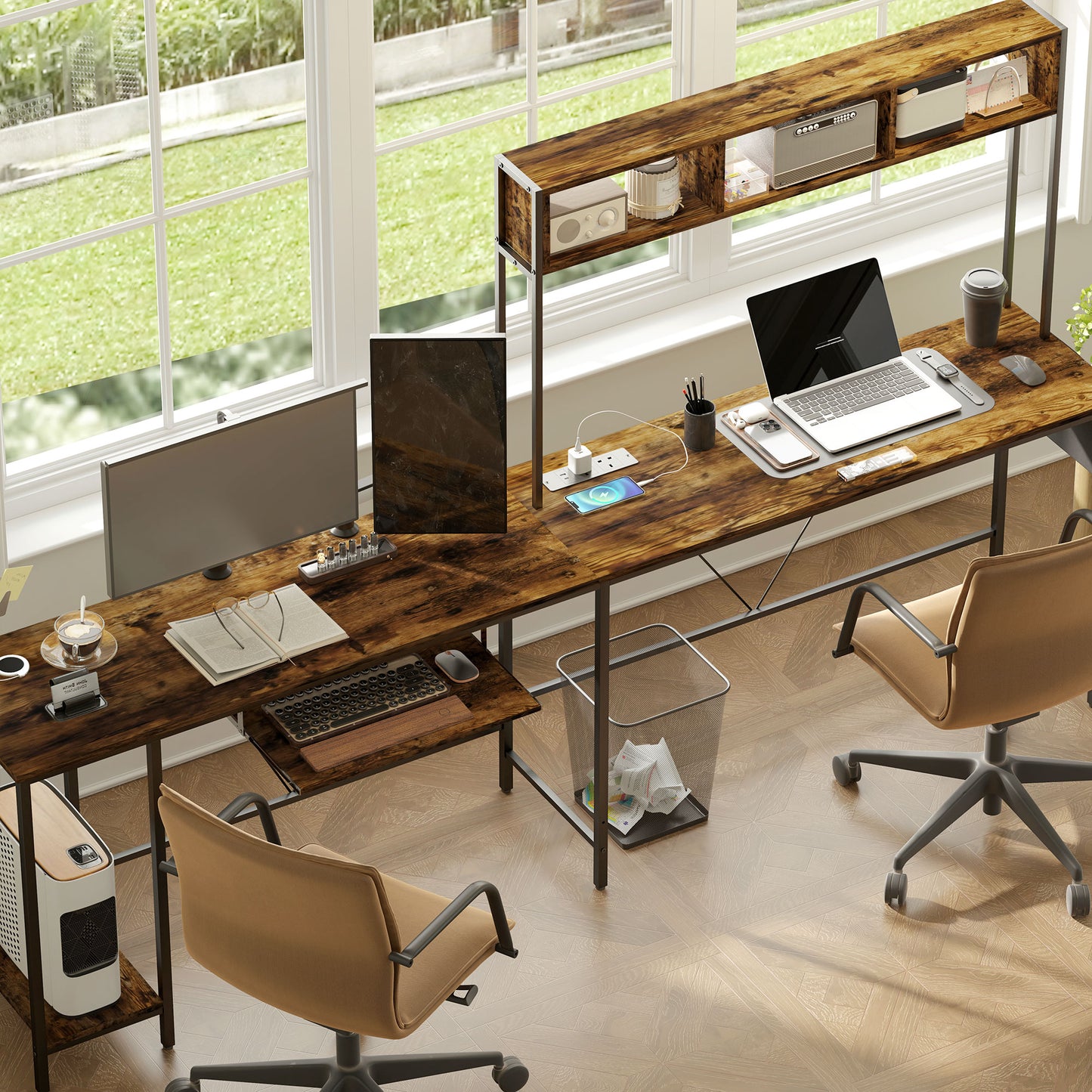 Ledoel 240cm Rustic Brown Reversible L Shaped Desk With Power Outlet Shelves And Keyboard Tray For 2 Users