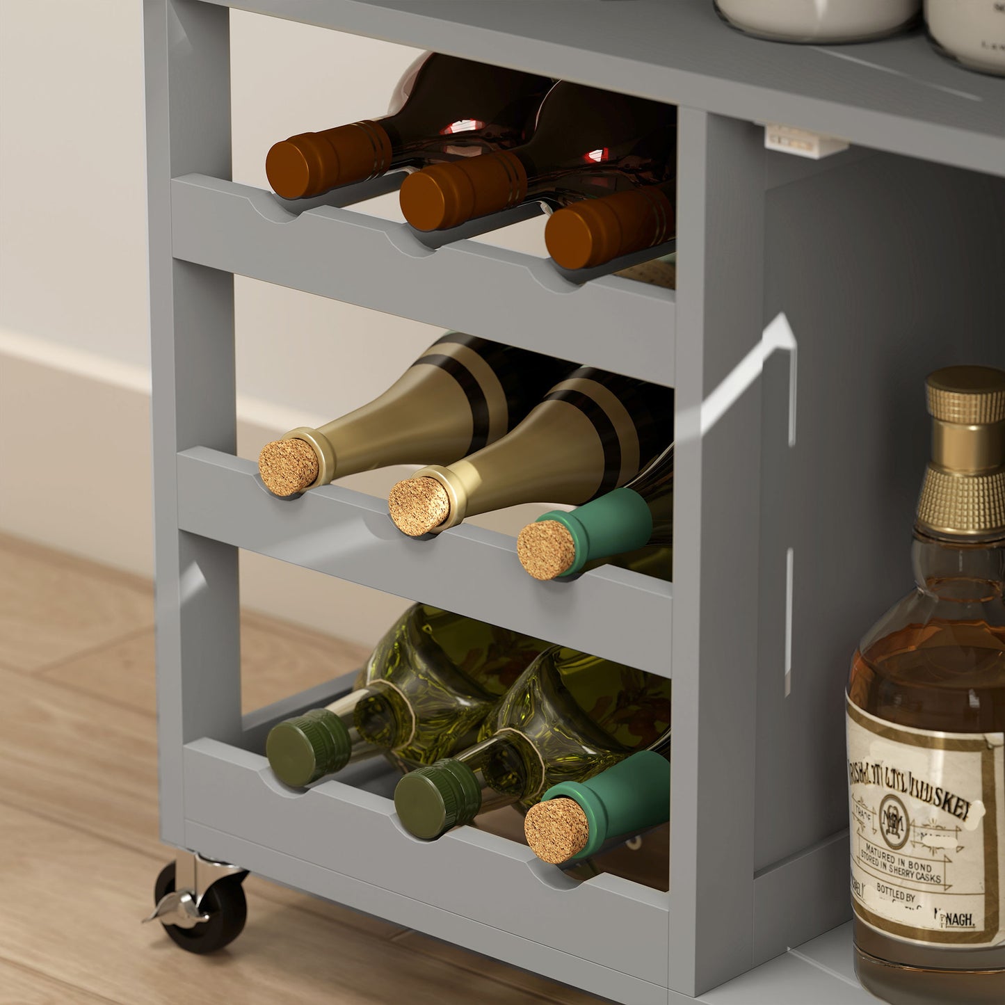 Lehari Grey Wooden Rolling Kitchen Island With Drawer Wine Rack Door Cabinets And Natural Wood Top