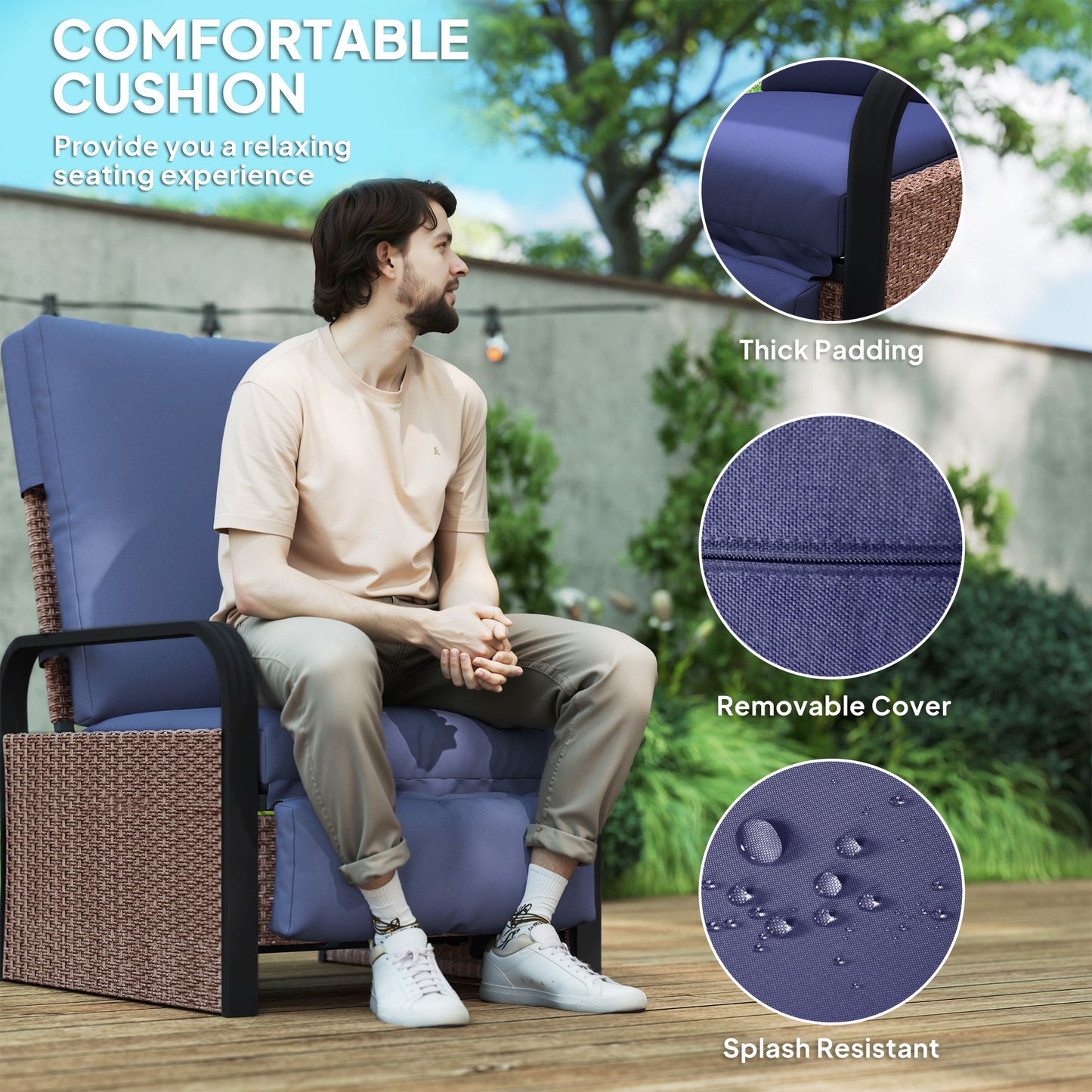 Elva Brown Rattan And Blue Cushion Reclining Outdoor Armchair
