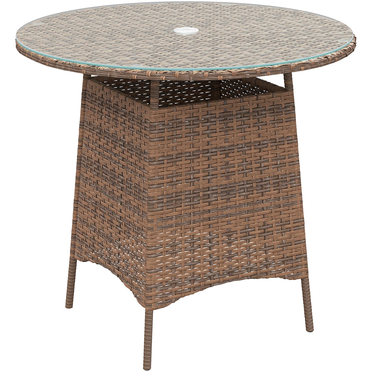 Rotasa Rattan Brown Outdoor Rpund Coffee Table With Tempered Glass Top And Parasol Hole