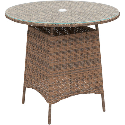Rotasa Rattan Brown Outdoor Rpund Coffee Table With Tempered Glass Top And Parasol Hole