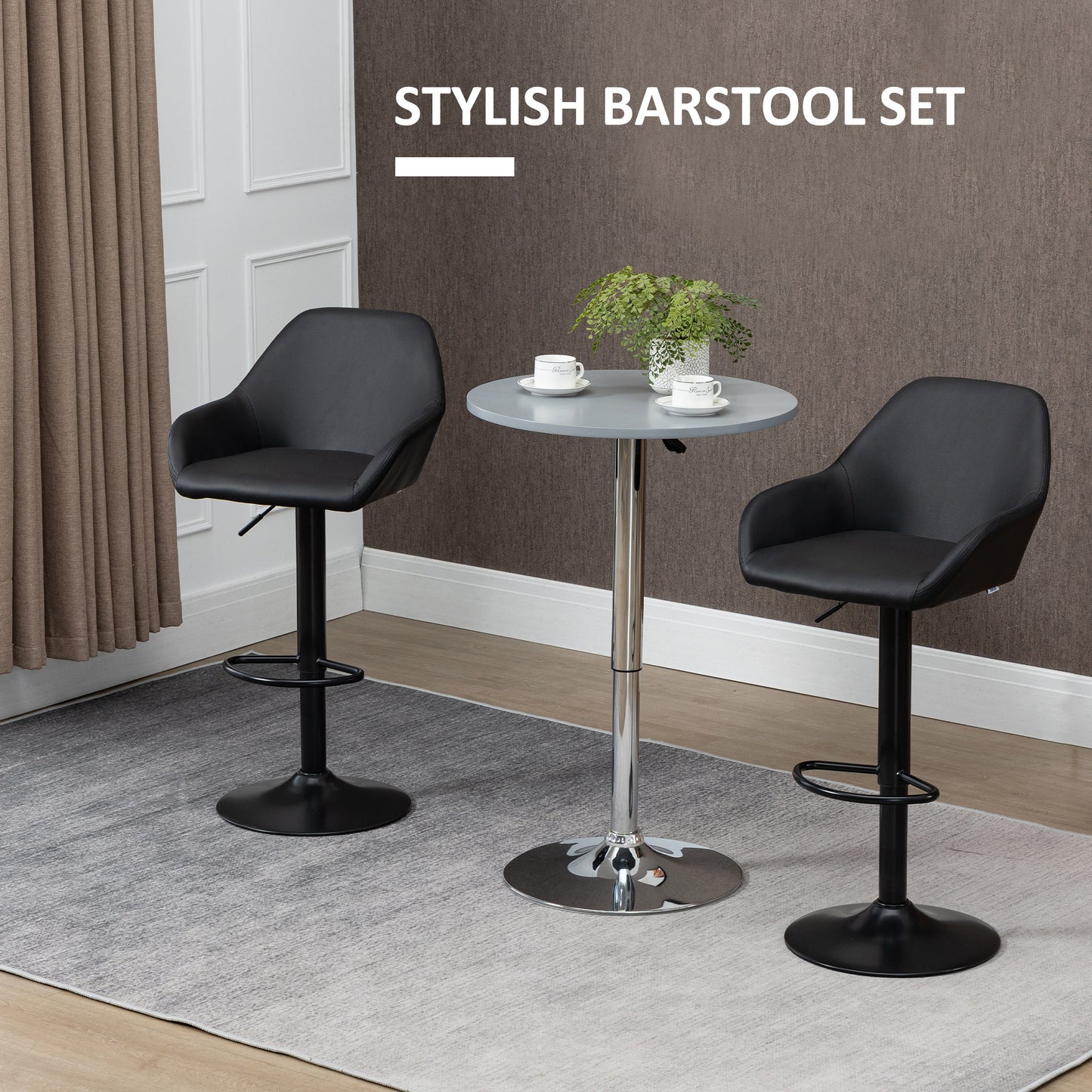 Falani Set Of 2 Black Faux Leather Adjustable Bar Chairs With Armrests