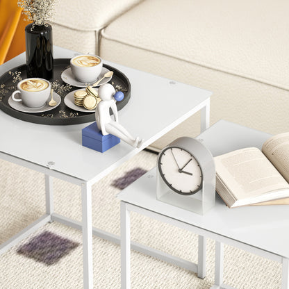 Lenoni Metal And Glass White Set Of 2 Nesting Coffee Tables With TemFauxred Glass Tops