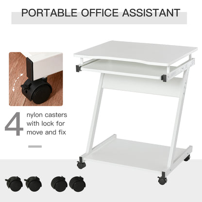 Suel 60cm Wooden White Mobile Z Shaped Desk With Castor Wheels And Sliding Keyboard Tray