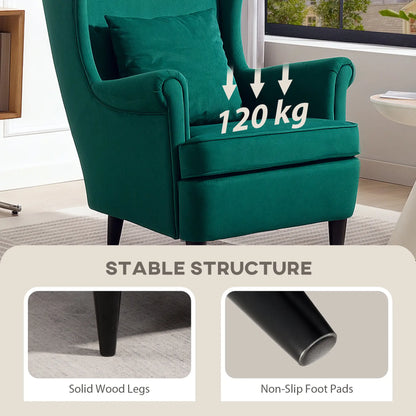 Velvet Dark Green Wingback Accent Chair With High Back Pillow And Wooden Legs
