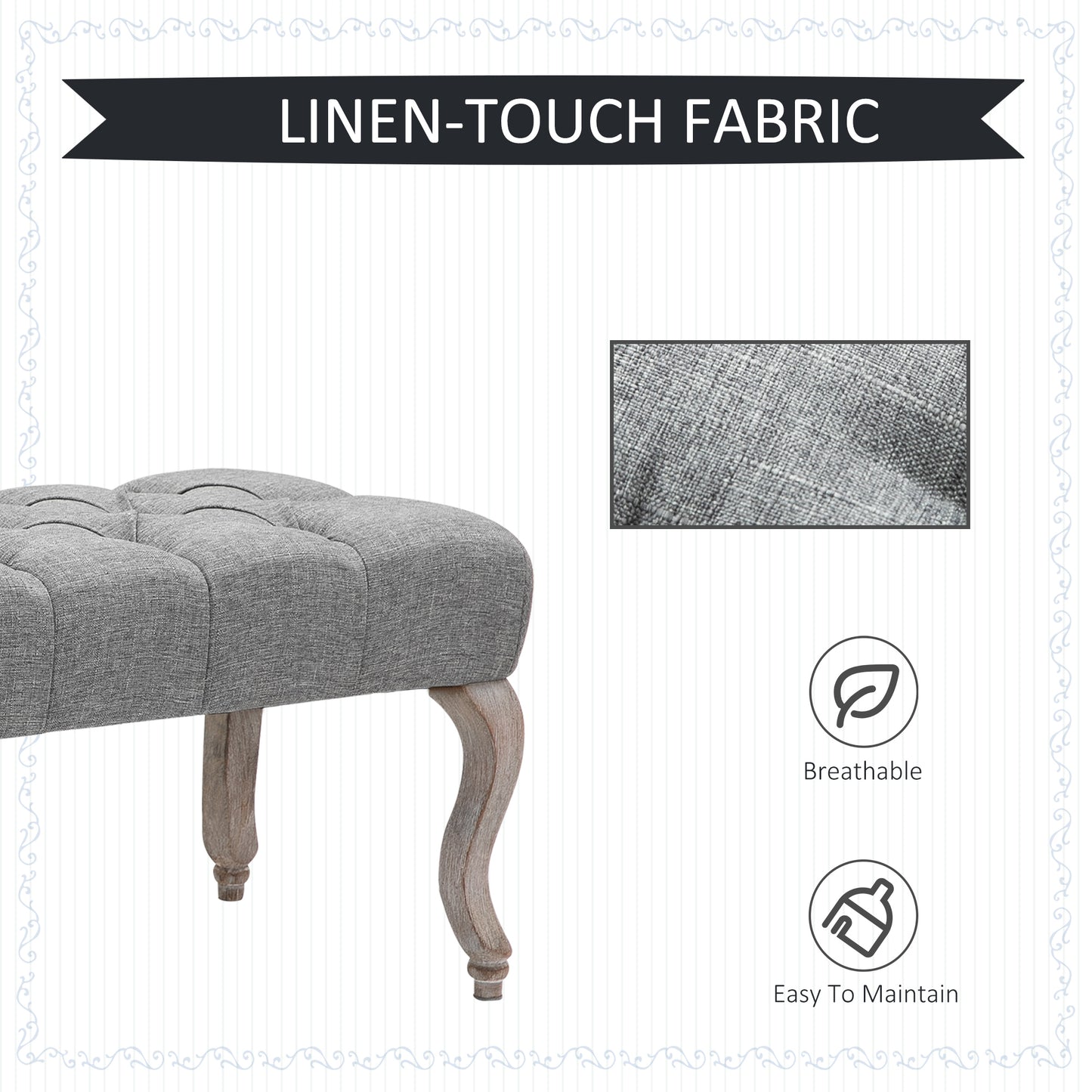 Kene Grey Upholstered Tufted Accent Bench White Washed Wooden Legs
