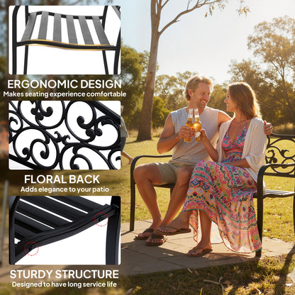 Faneso Metal Black Garden Bench With Floral Backrest And Armrests
