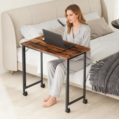 Zika 80cm Wooden Rustic Brown Folding Desk Lockable Wheels