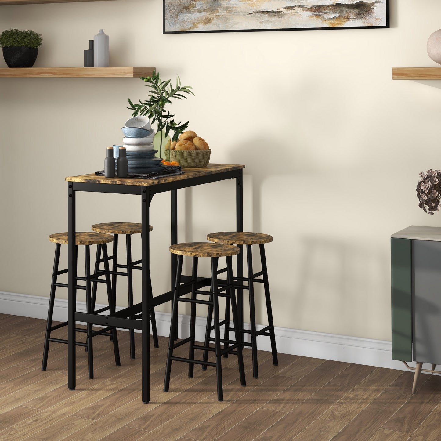 Tonayo Wooden Rustic Brown 5 Piece Industrial Bar Table And Stool Set