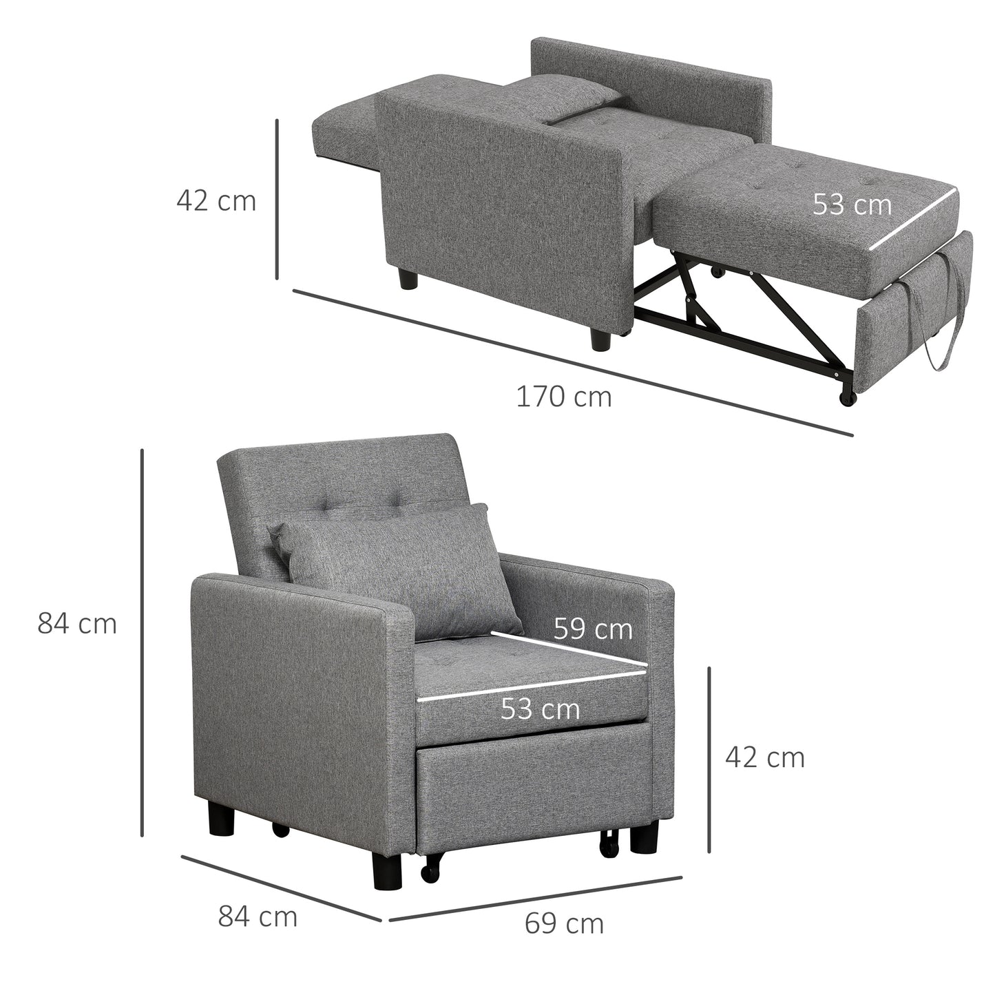 Hala Fabric Grey 3 In One Single Chair Bed With Adjustable Back Pillow And Footrest