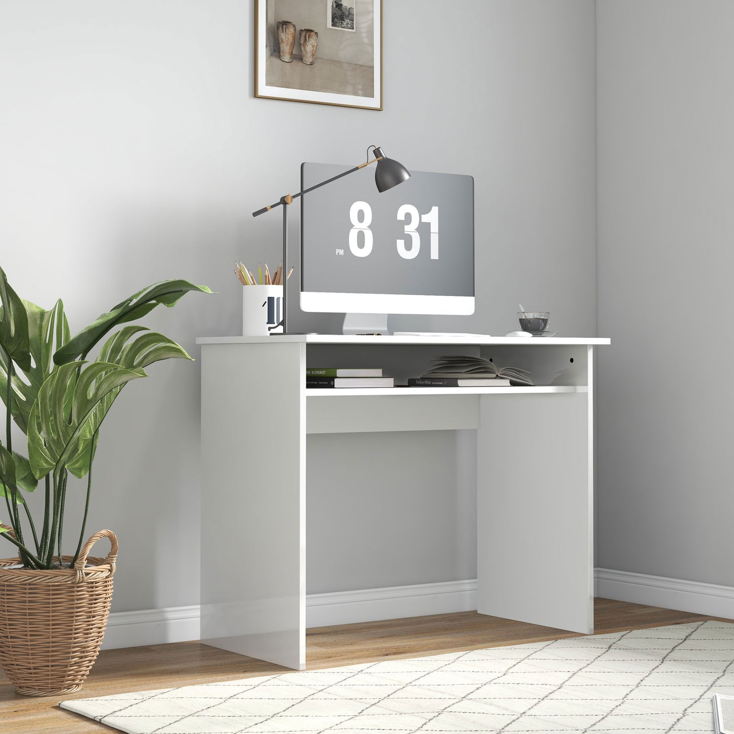 Selu 90cm High Gloss White Compact Study Desk With Storage Shelf