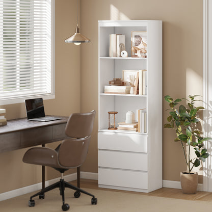 Seso Wood White Tall Bookcase With Shelves And Integrated Drawers 180 cm