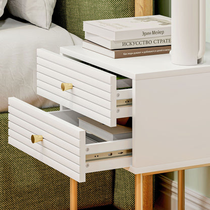 Satosu Set Of 2 White And Gold Elegant Bedside Tables with Ribbed Drawers