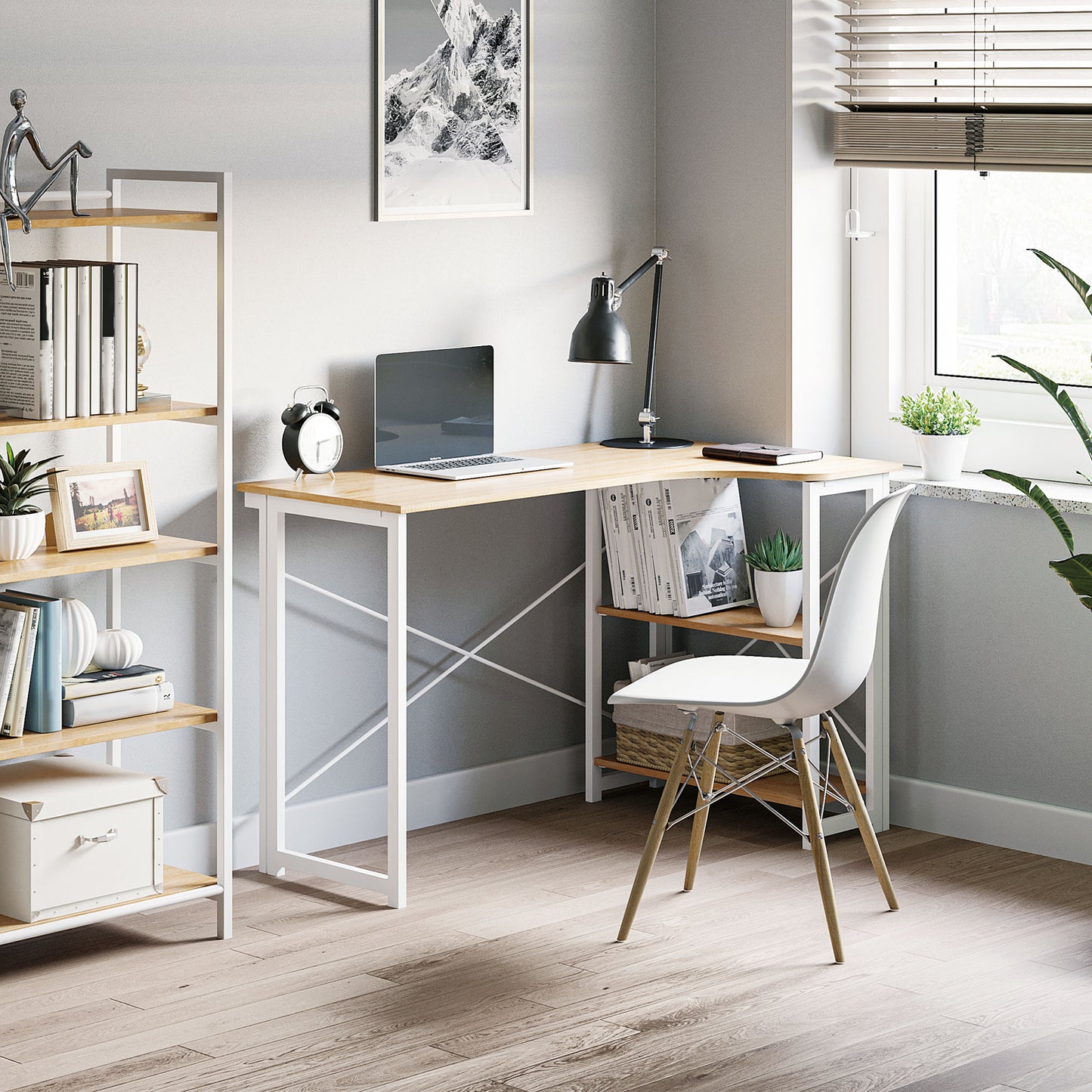 Haba 120cm Wooden Oak and White Metal Folding L Shaped Desk With 2 Tier Storage Shelves