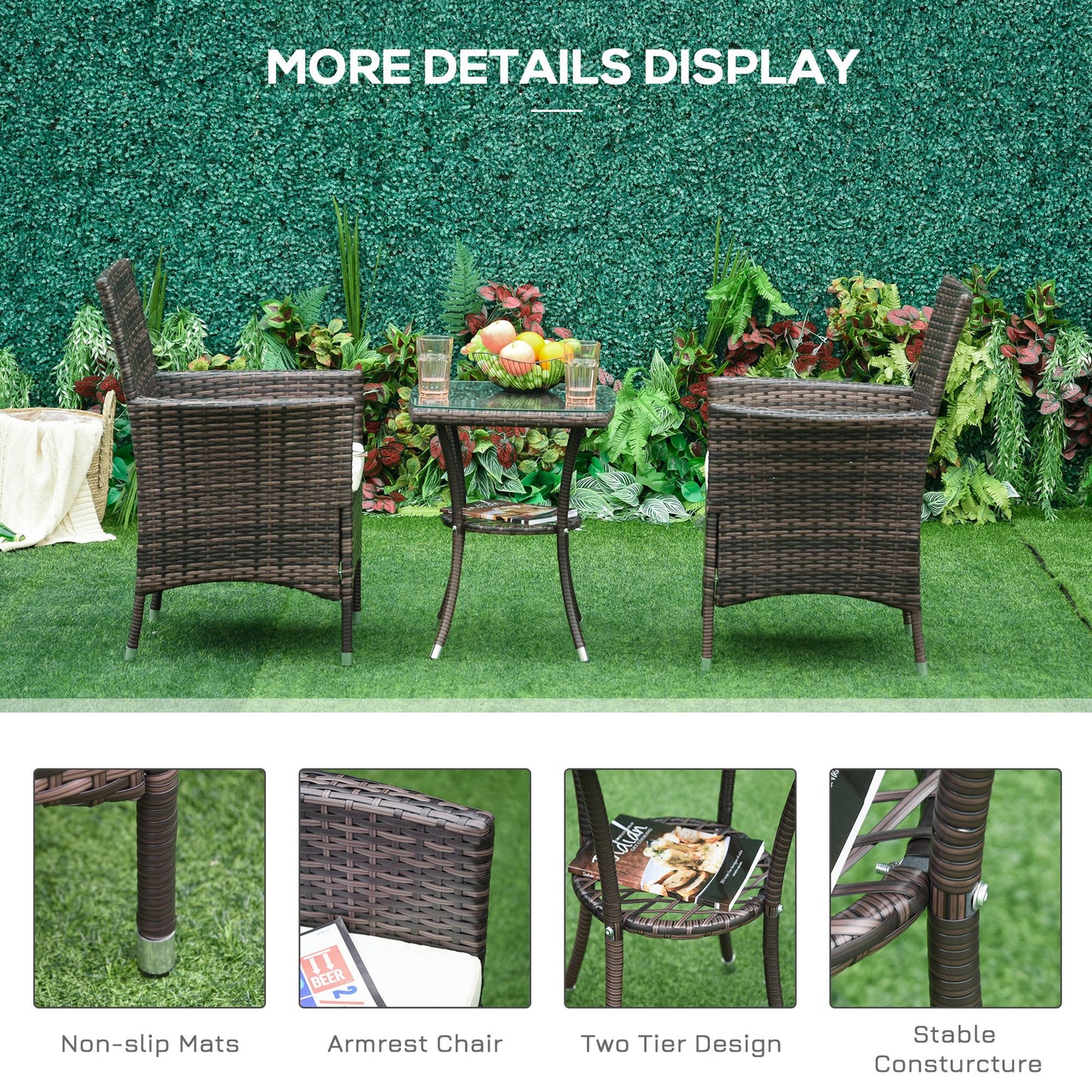 Lovi Rattan Brown 3 Piece Outdoor Bistro Chair Set With Cushions