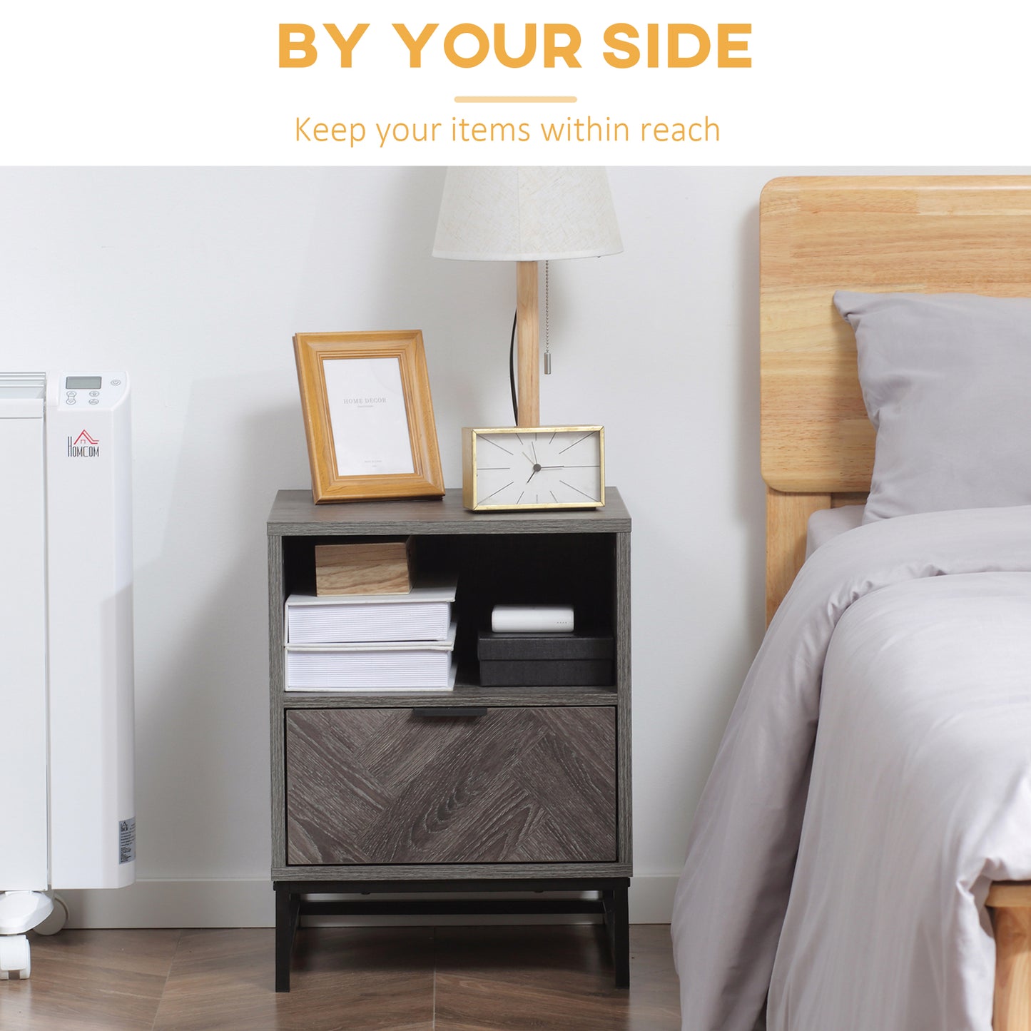 Fari Dark Grey Bedside Table With Drawer And Shelf Storage And Steel Legs