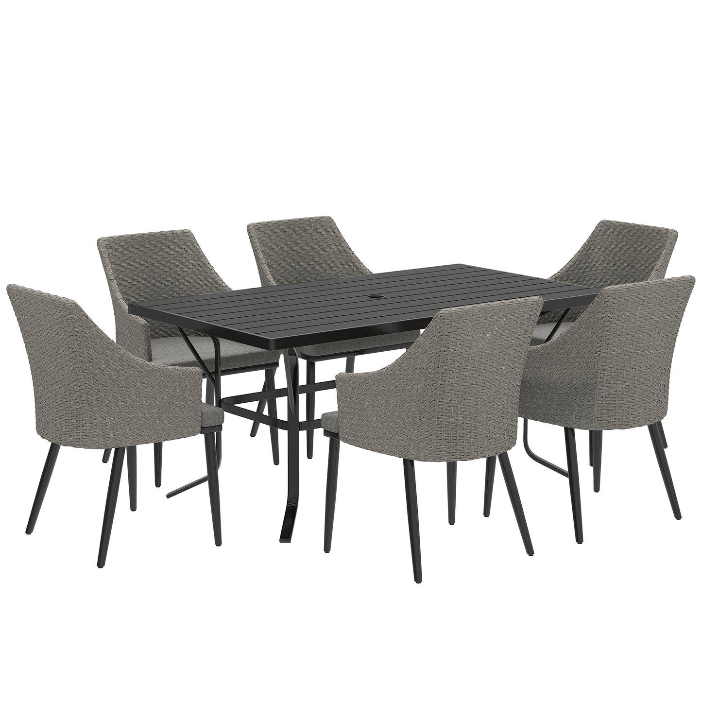 Kenere Rattan Grey 6 Seater Outdoor Dining Set With Armchairs And Slatted Table Parasol Hole