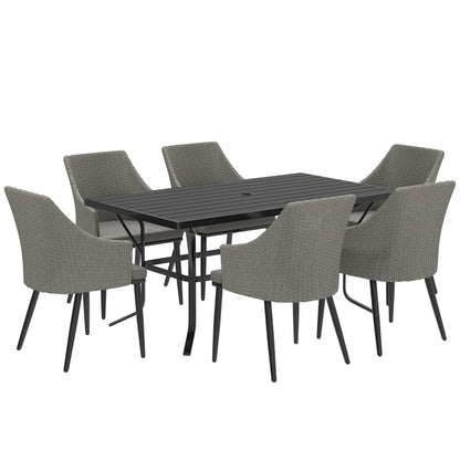 Kenere Rattan Grey 6 Seater Outdoor Dining Set With Armchairs And Slatted Table Parasol Hole