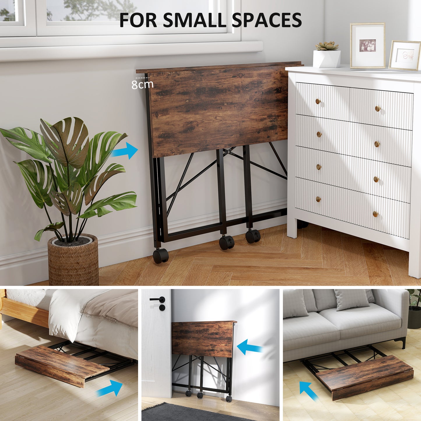 Maco 80cm Wooden Rustic Brown Folding Desk On Lockable Wheels
